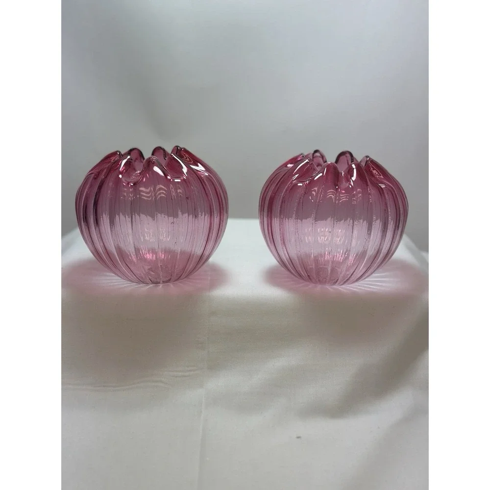 Two Cranberry To Clear Ribbed &‎ Crimped Swirl Rose Bowl Vases Ground Pontil 5